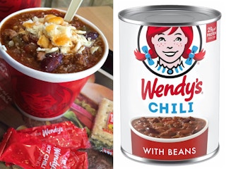 a side by side comparison of wendy's canned chili vs wendy's restaurant chili