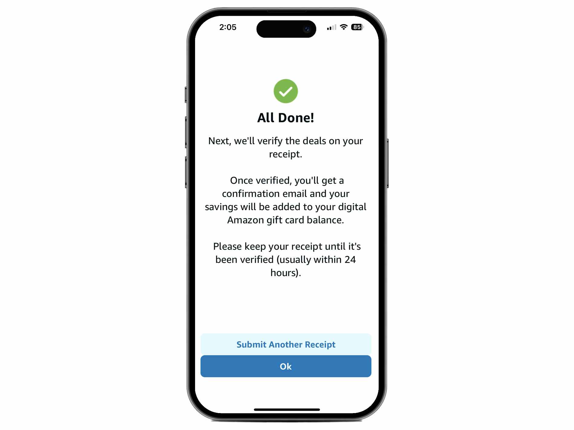 screenshot of a rebate claim confirmation in the alexa app