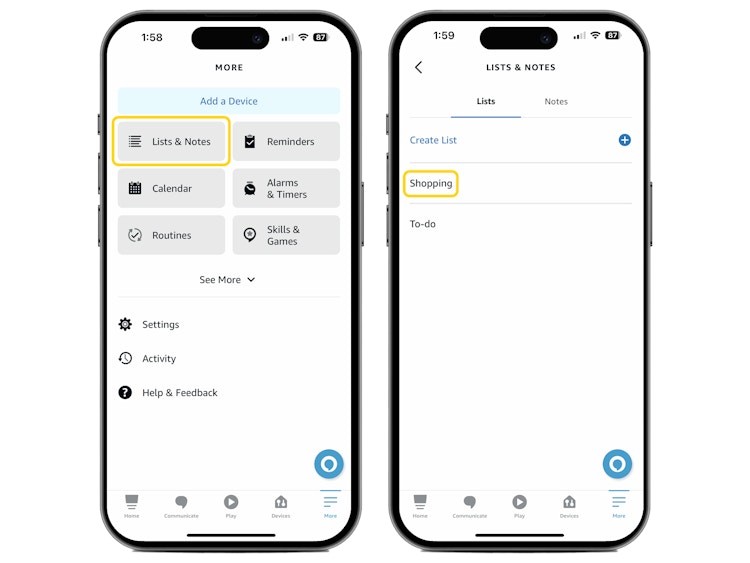 screenshots of how to create a shopping list in the alexa app