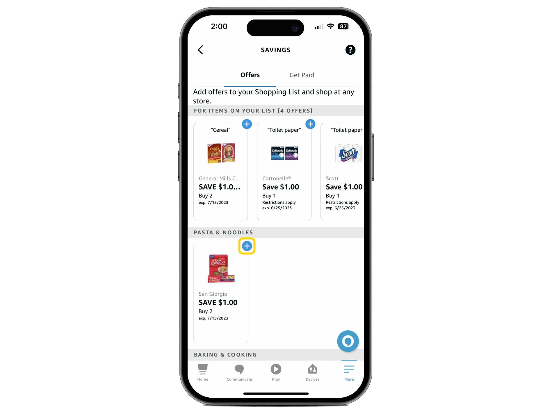 screenshot of various product rebates in the alexa app