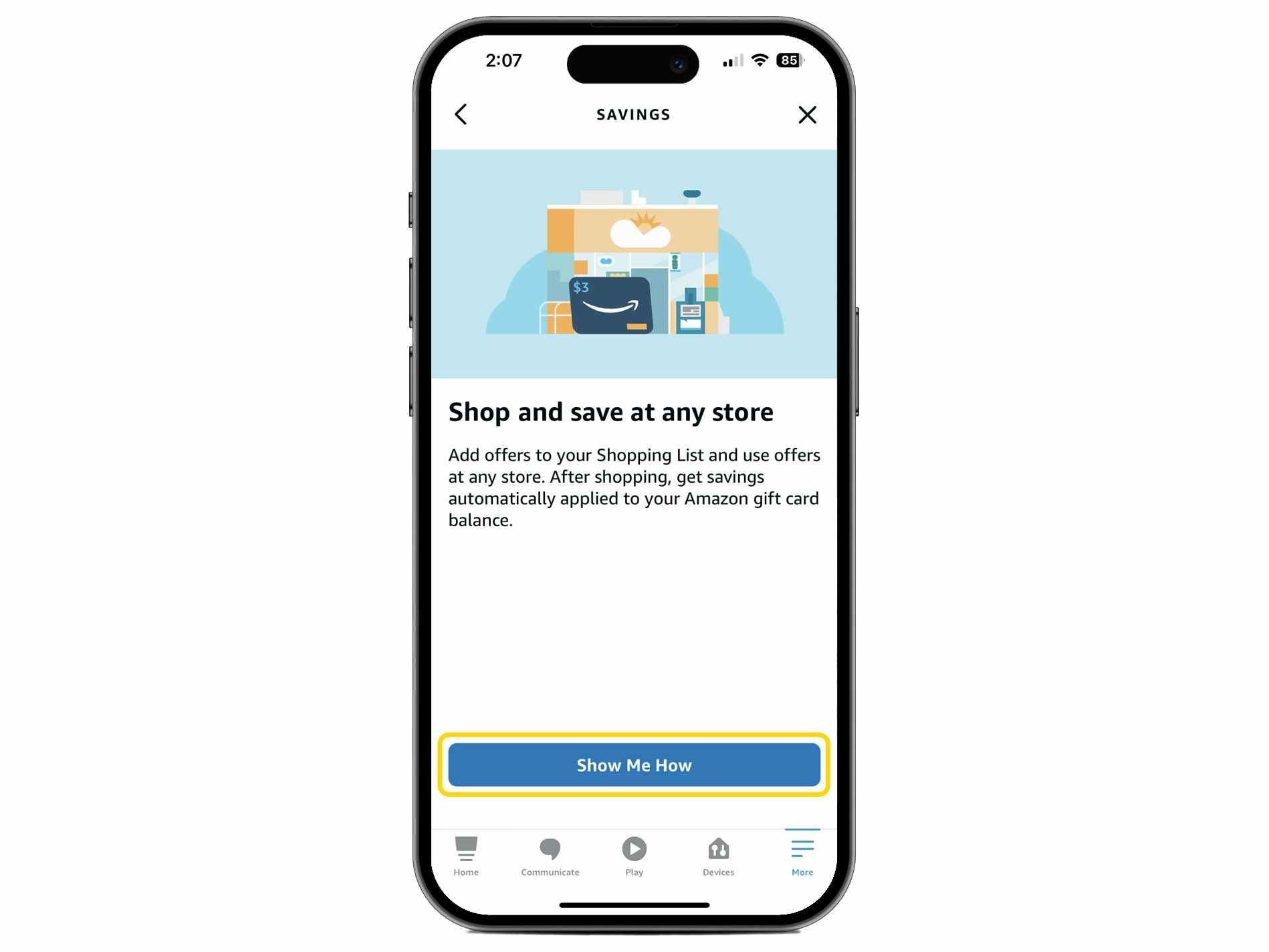 screenshot of how to shop at any store for rebates on the alexa app