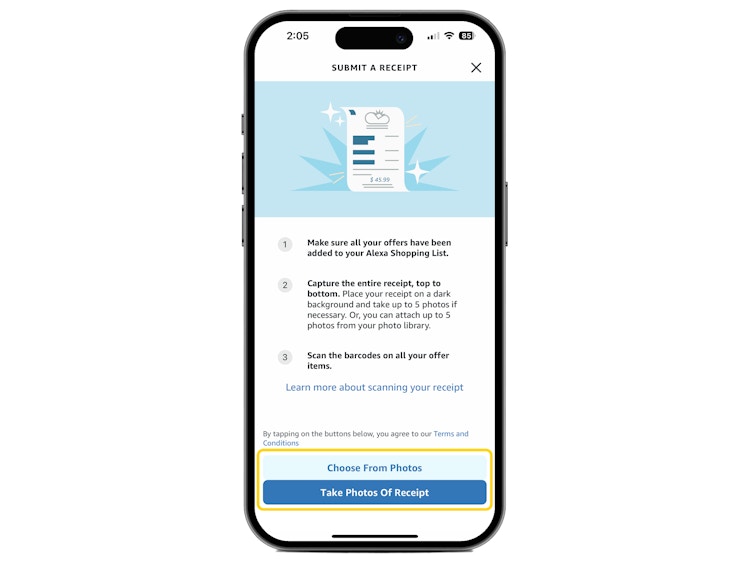 screenshot of how to submit a receipt for a rebate in the alexa app