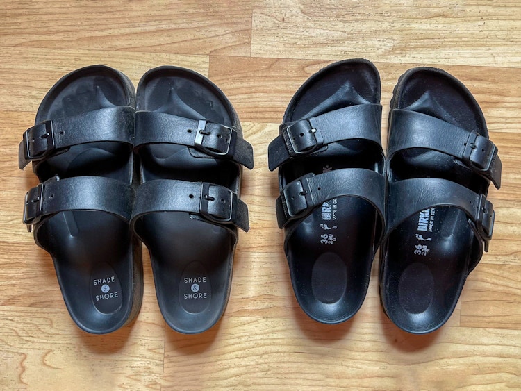 target sandals sitting next to birkenstock sandals 