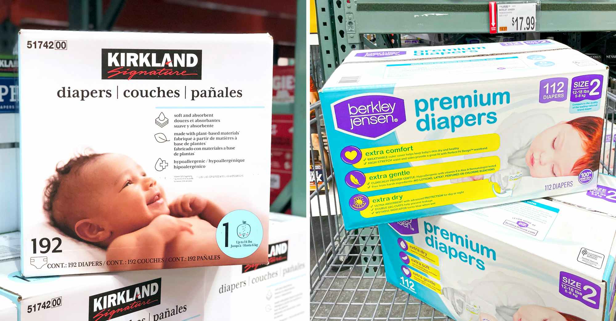 side-by-side comparison of costco kirkland and bj's berkley jensen store-brand diapers at costco in store