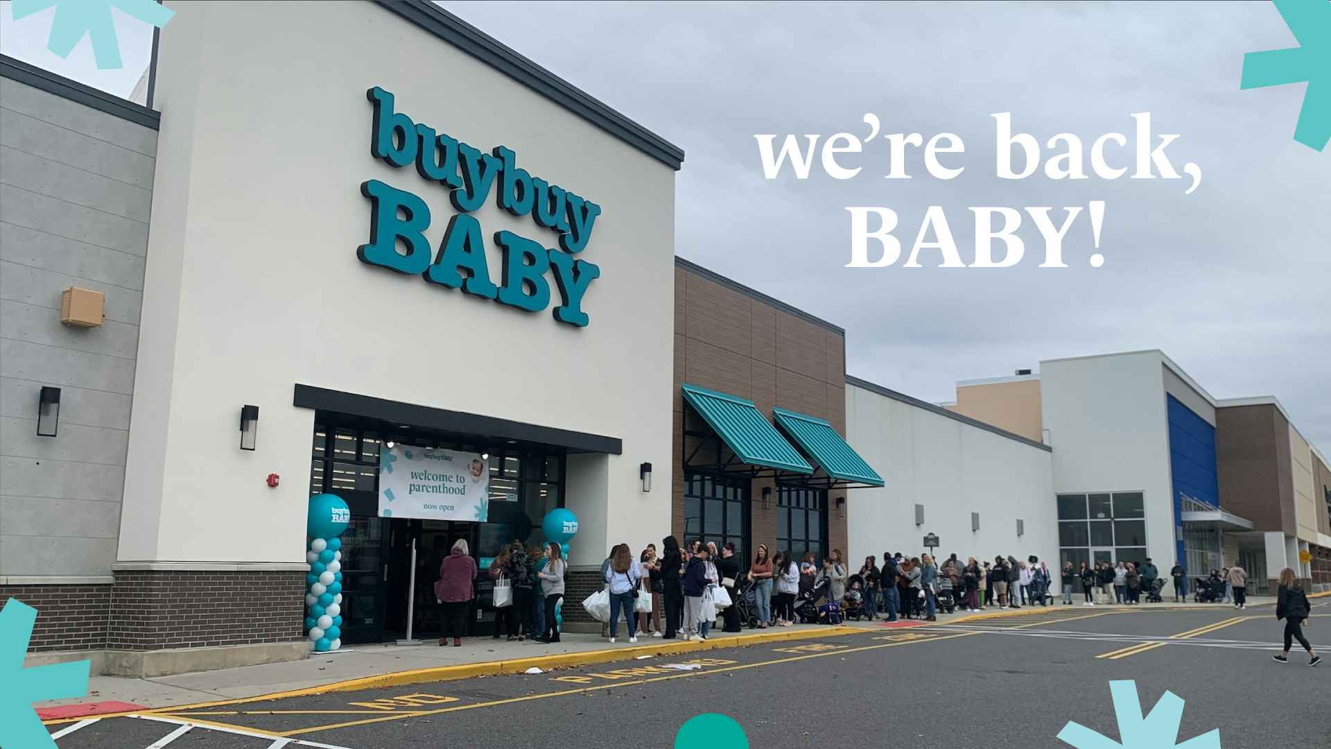 BuyBuy Baby social media graphic saying "we're back baby" in front of a newly reopened location.