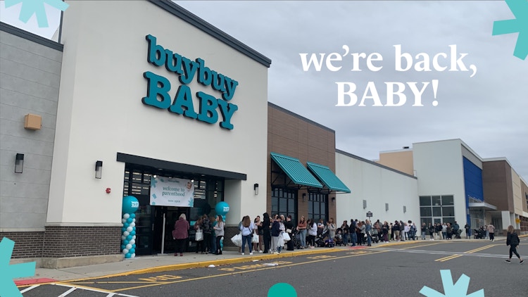 BuyBuy Baby social media graphic saying "we're back baby" in front of a newly reopened location.