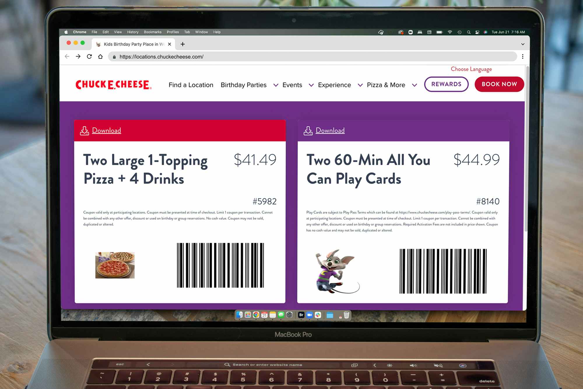 laptop screen showing two coupons for chuck e cheese