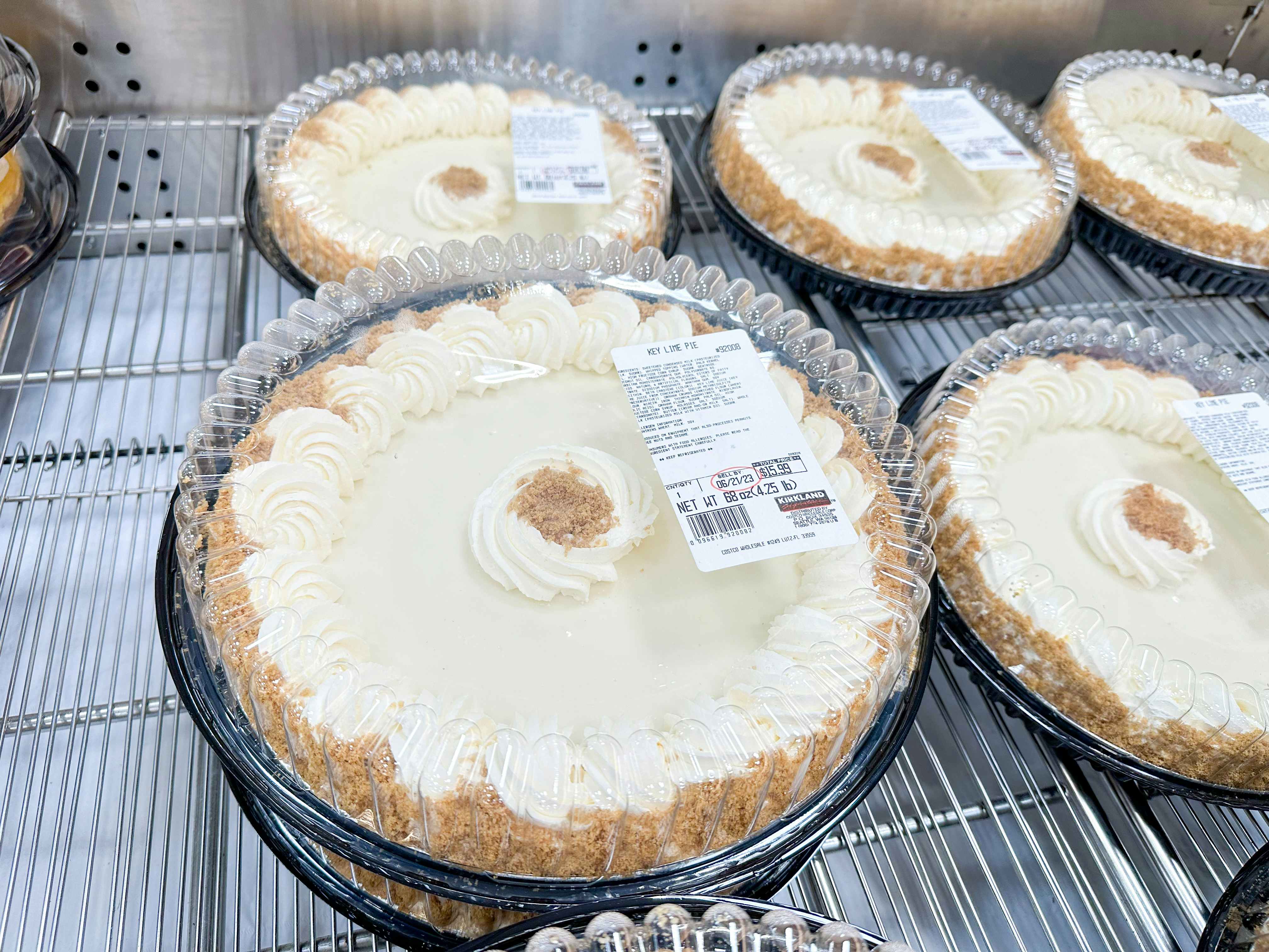 Selection of key lime pies in a fridge shelf at costco
