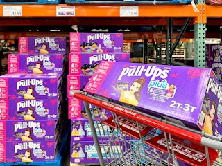 box of huggies pull-ups plus in princess designs in a costco shopping cart