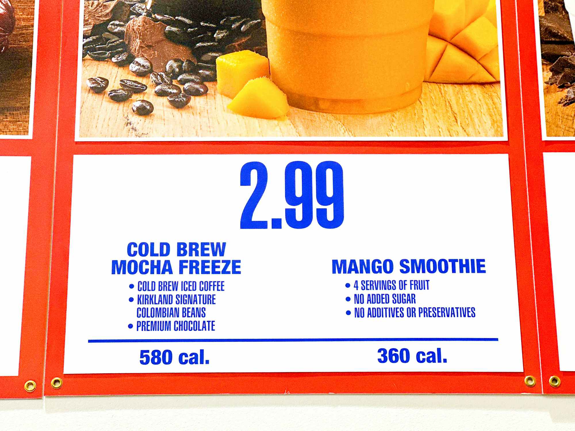 close-up of the mango smoothie price on a costco menu