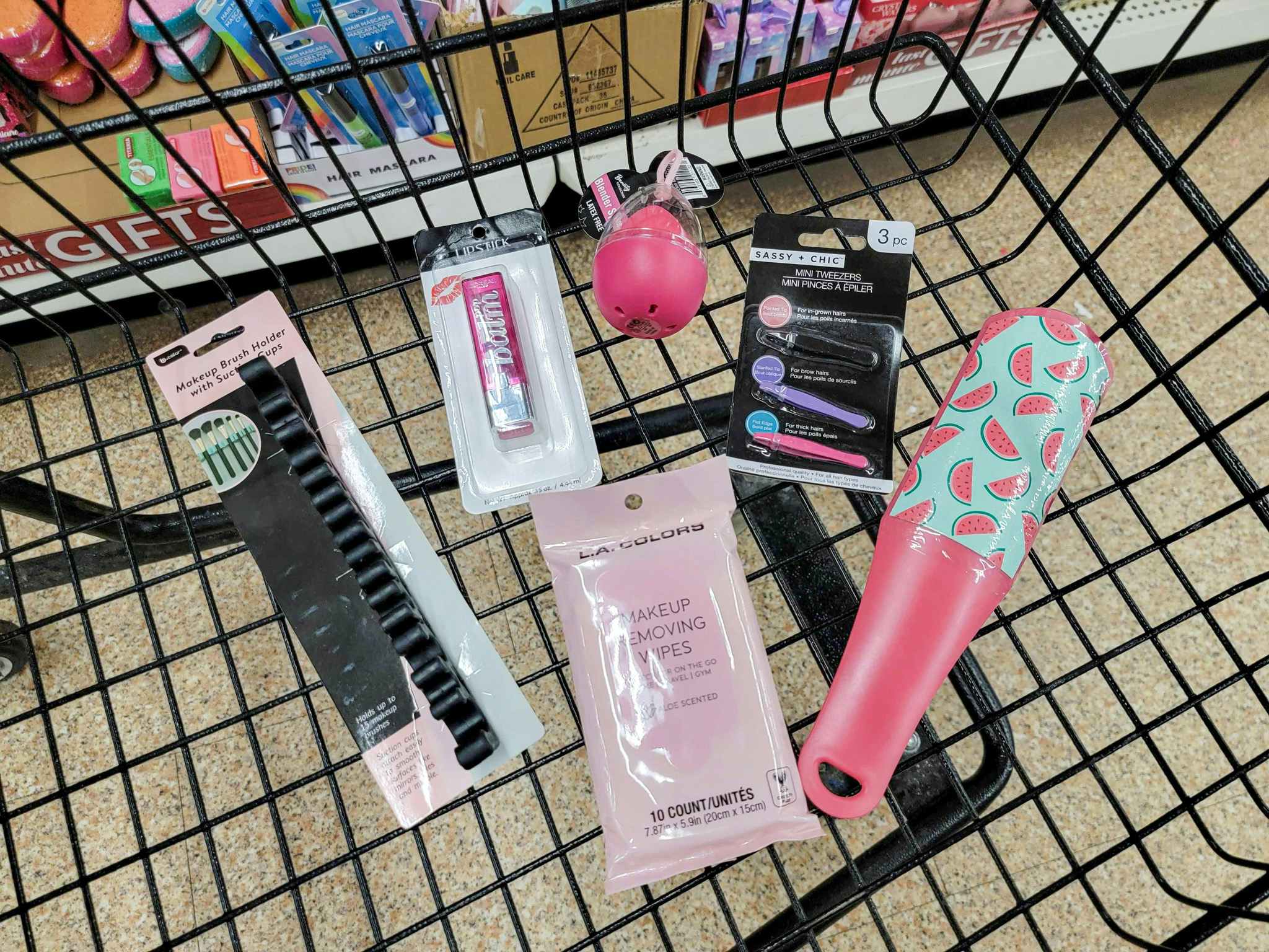 beauty supplies in a cart