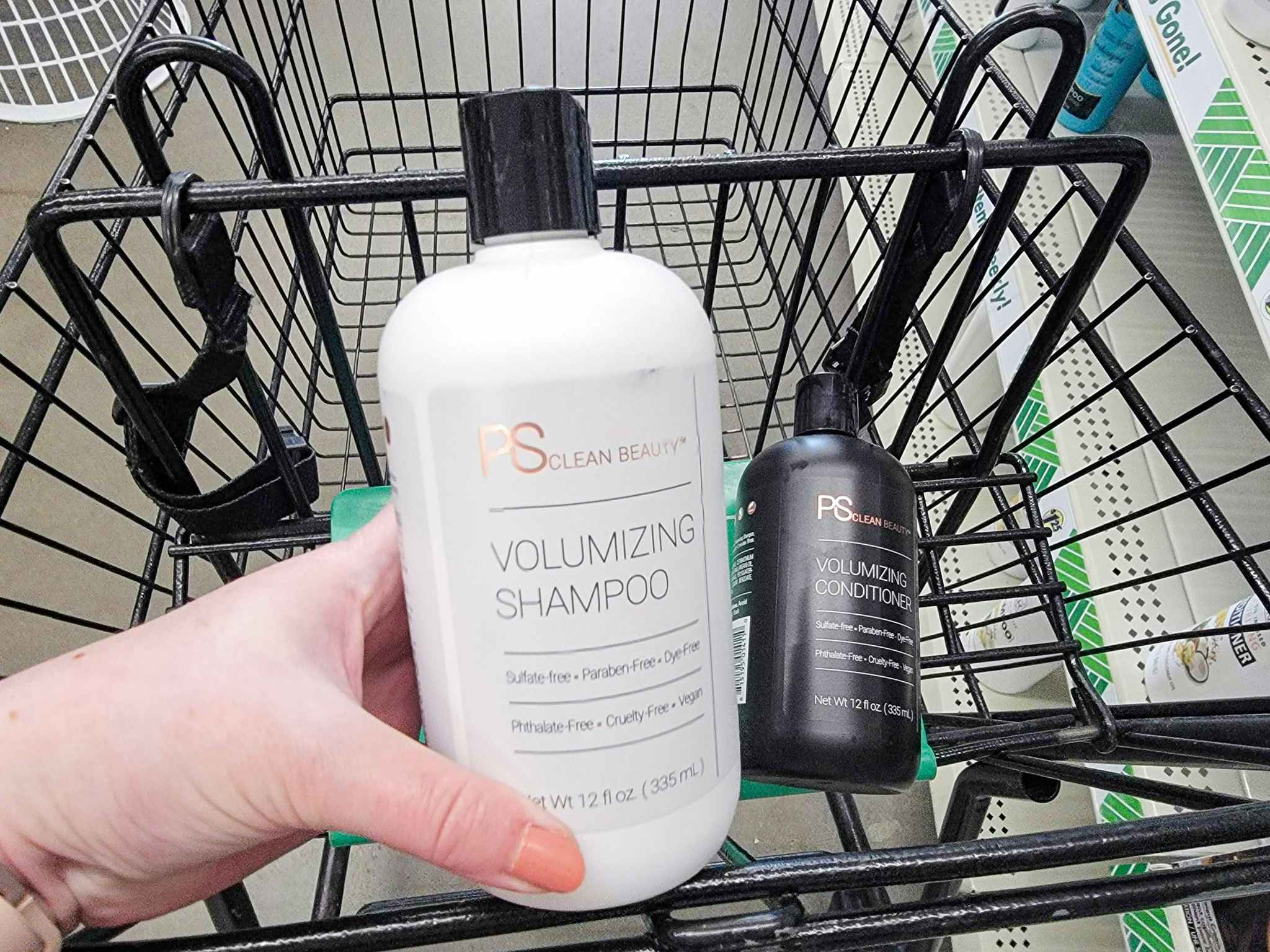 clean beauty shampoo & conditioner in a cart