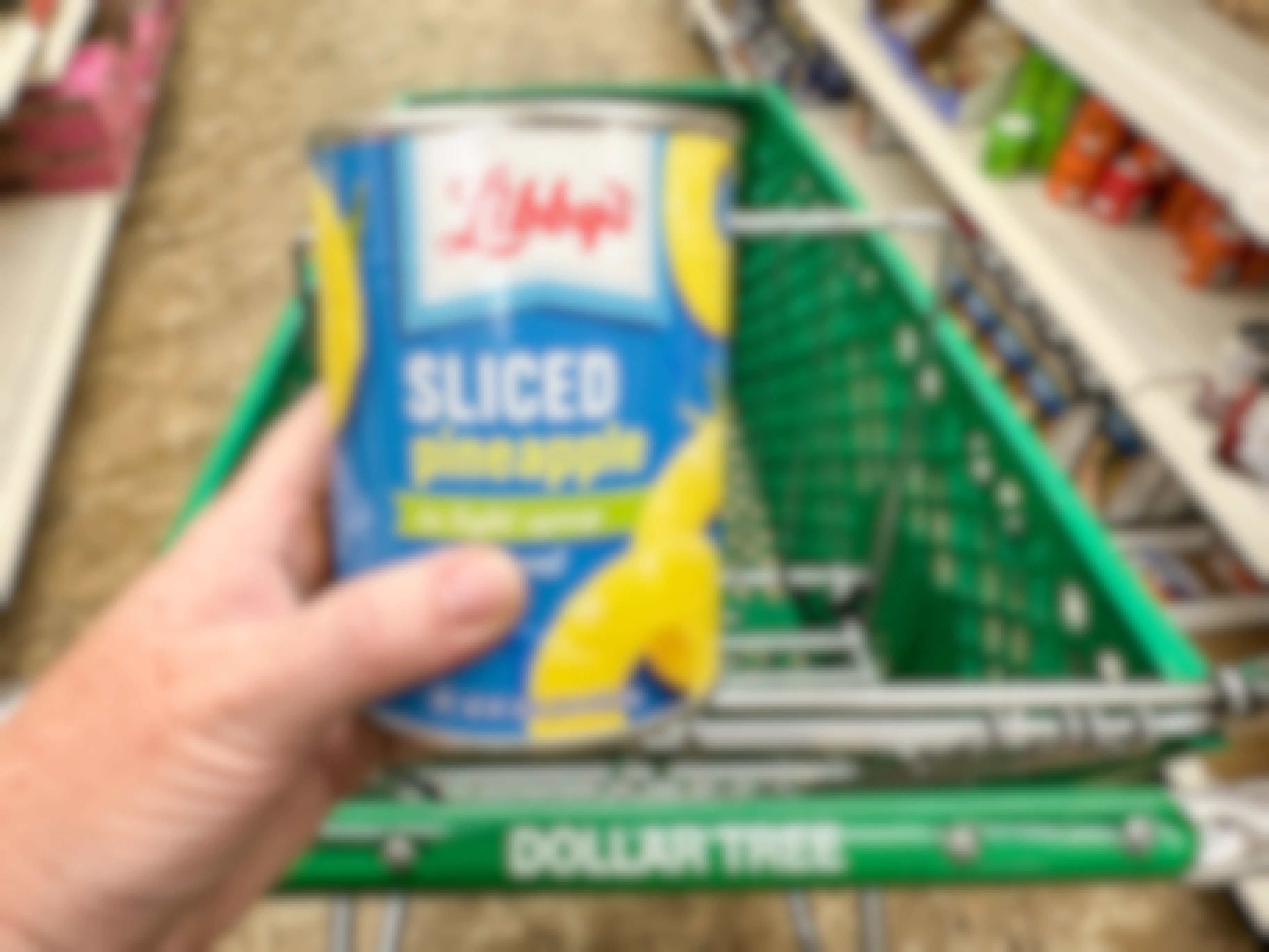 a can of sliced pineapple next to a dollar tree cart 