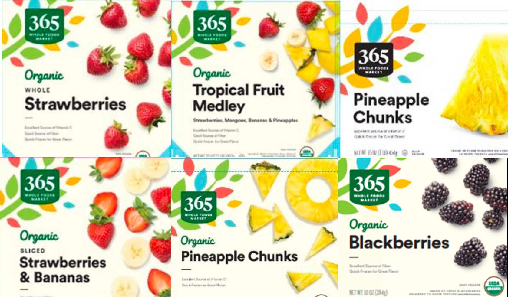 A group of recalled frozen fruit products from Whole Foods