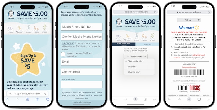 screenshots showing gerber baby rewards sign-up and coupon