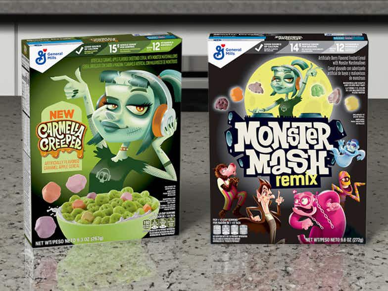 boxes of General Mills halloween monster cereal on a kitchen counter