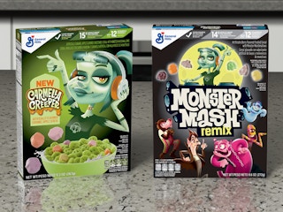 boxes of General Mills halloween monster cereal on a kitchen counter