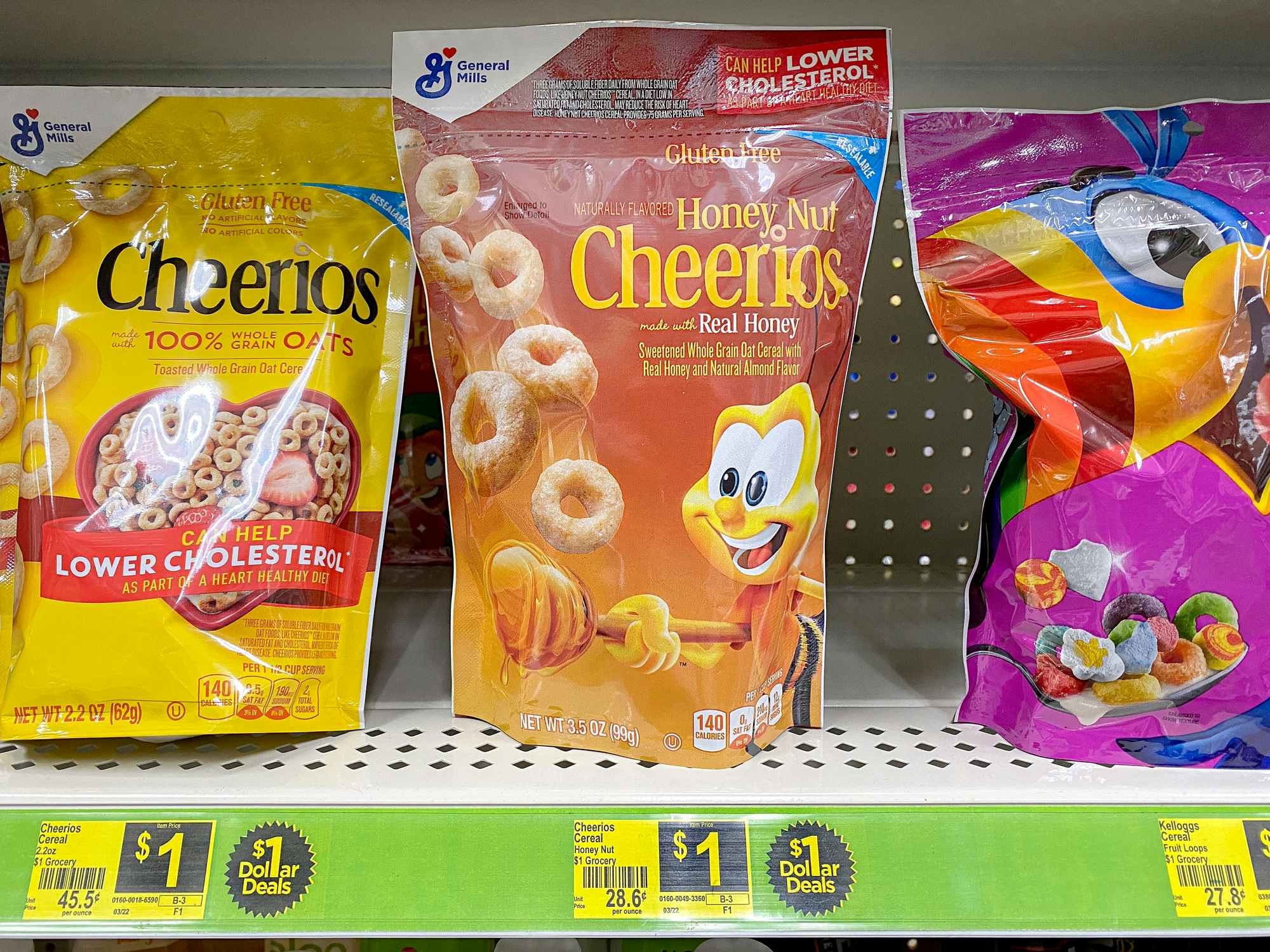 3.5 ounce pouches of cheerios cereal on dollar general shelf for one dollar