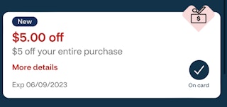 screenshot of $5 off entire purchase cvs coupon