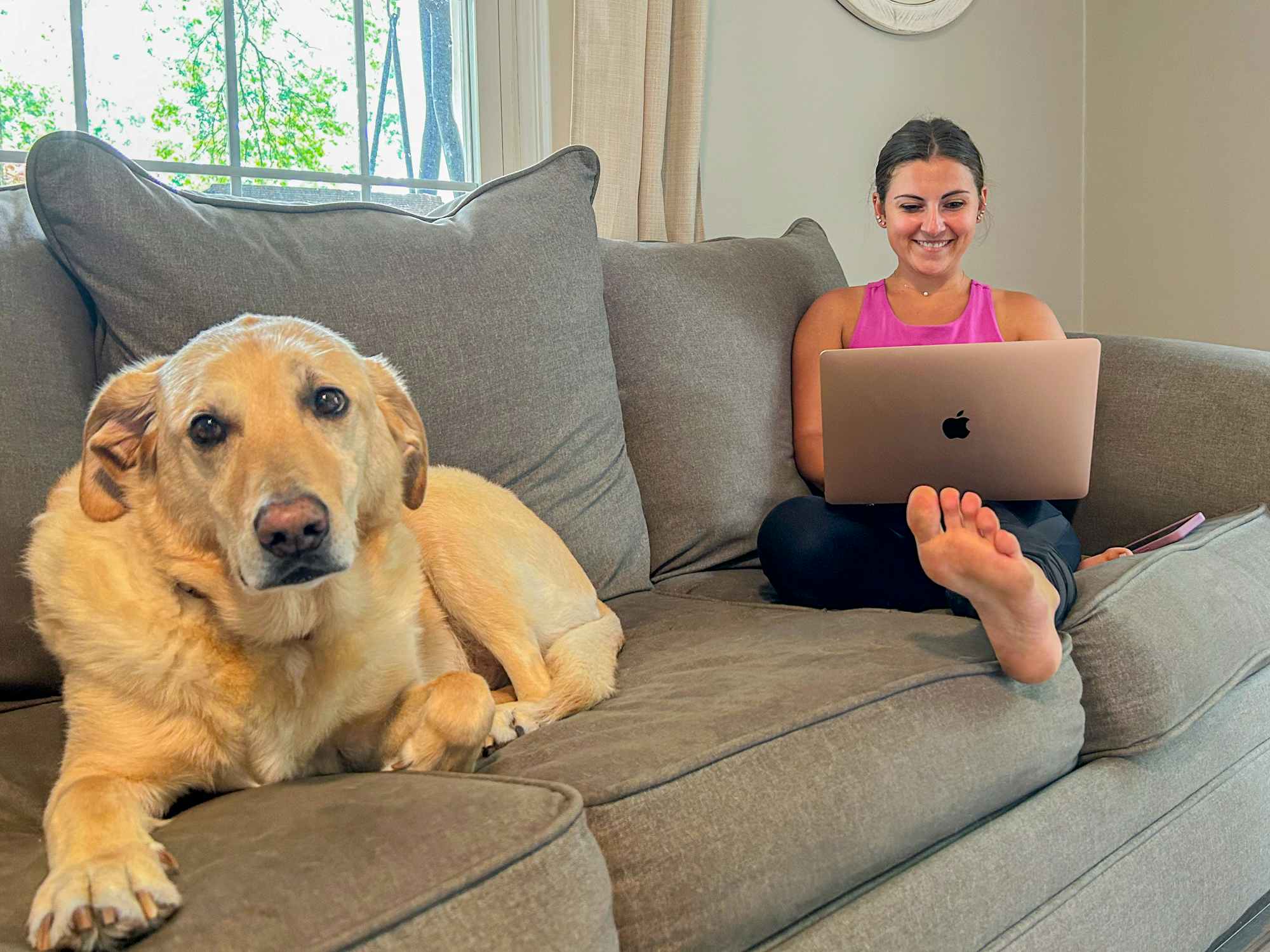 a person holding a macbook while sitting on a couch with a dog
