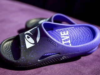 a pair of taco bell crocs