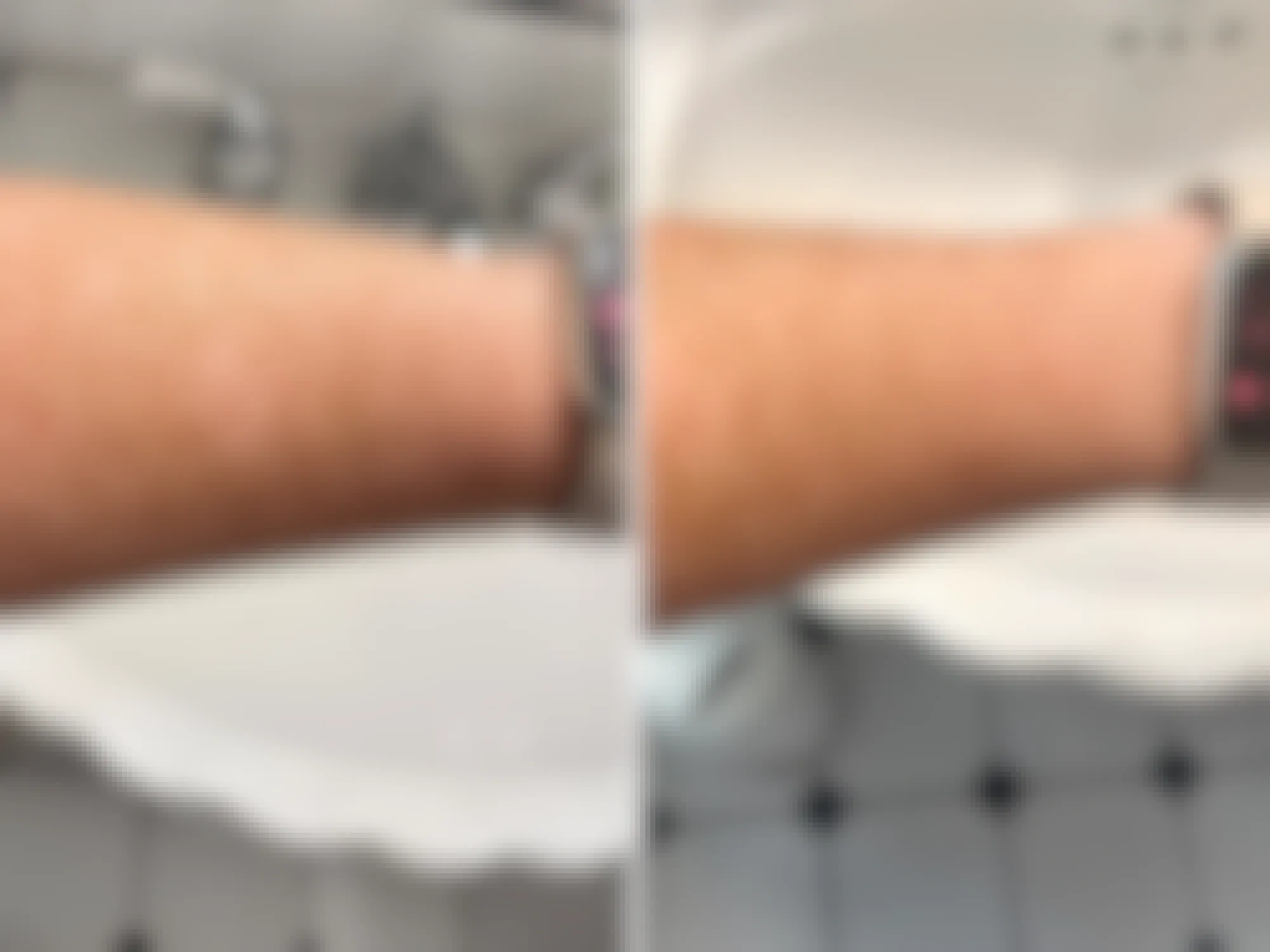 before-and-after of someone's arm after using olay firming and hydrating body lotion with collagen