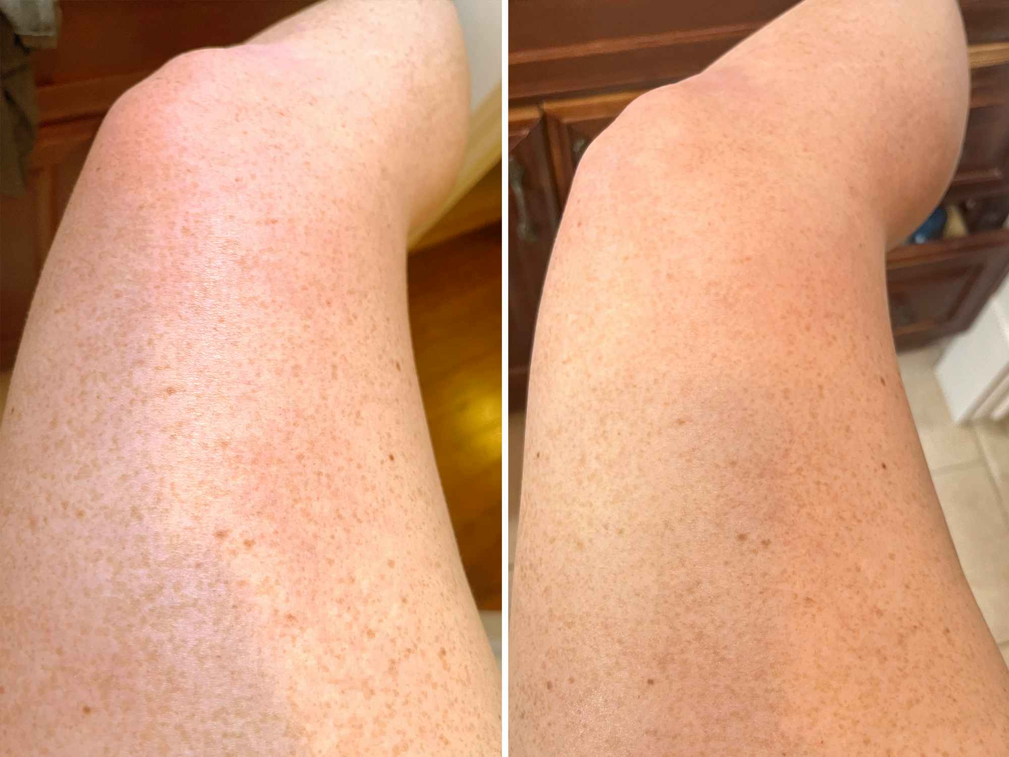 before-and-after of someone's leg after using olay cleansing and firming women's body wash