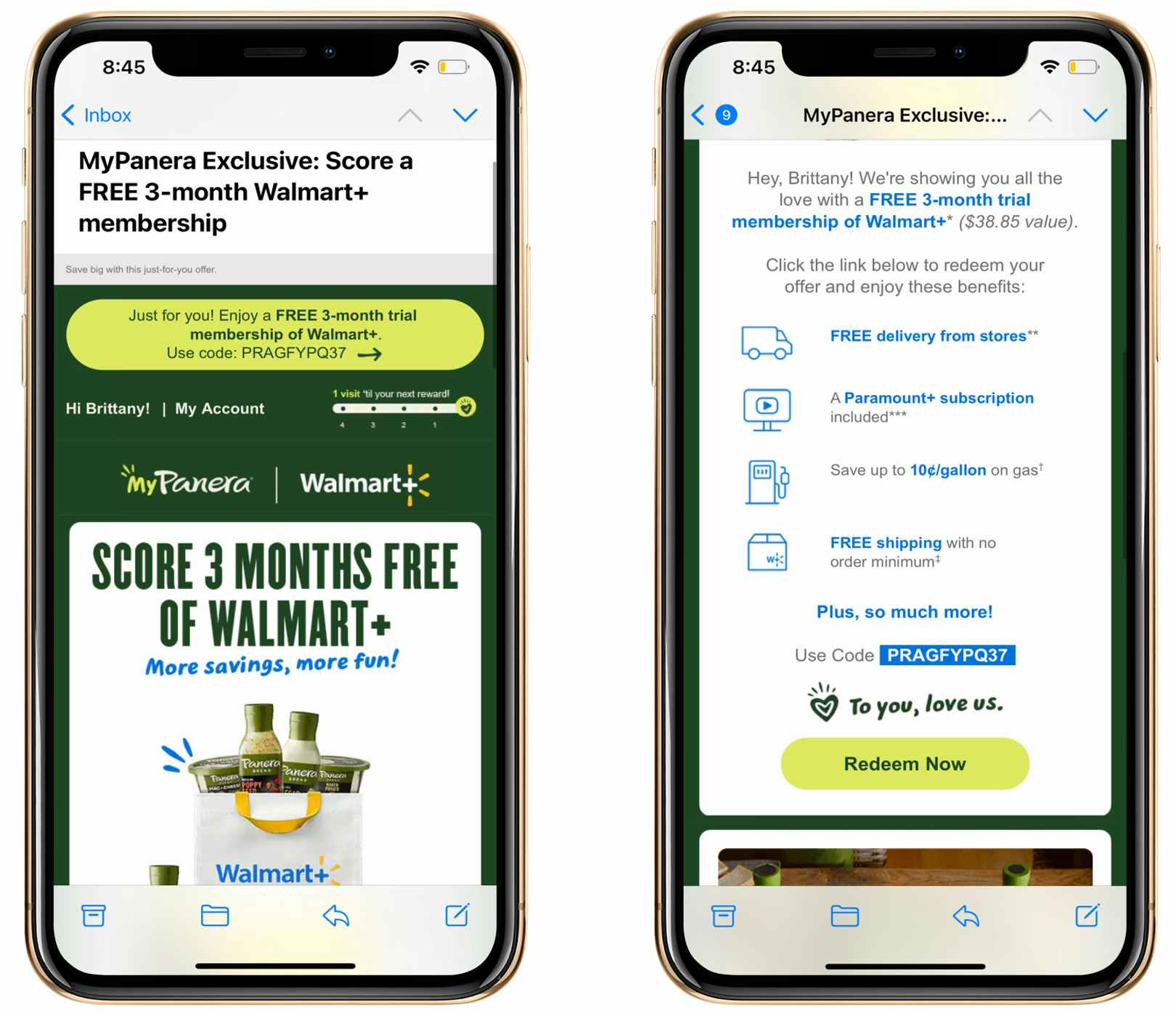 two iphone screenshots side by side with panera rewards for walmart plus members on it