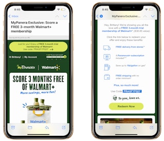two iphone screenshots side by side with panera rewards for walmart plus members on it