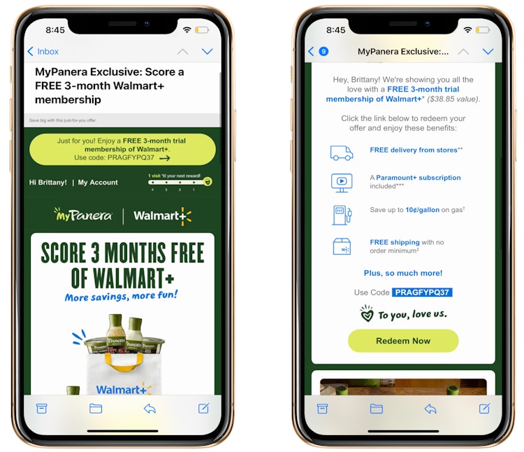 two iphone screenshots side by side with panera rewards for walmart plus members on it