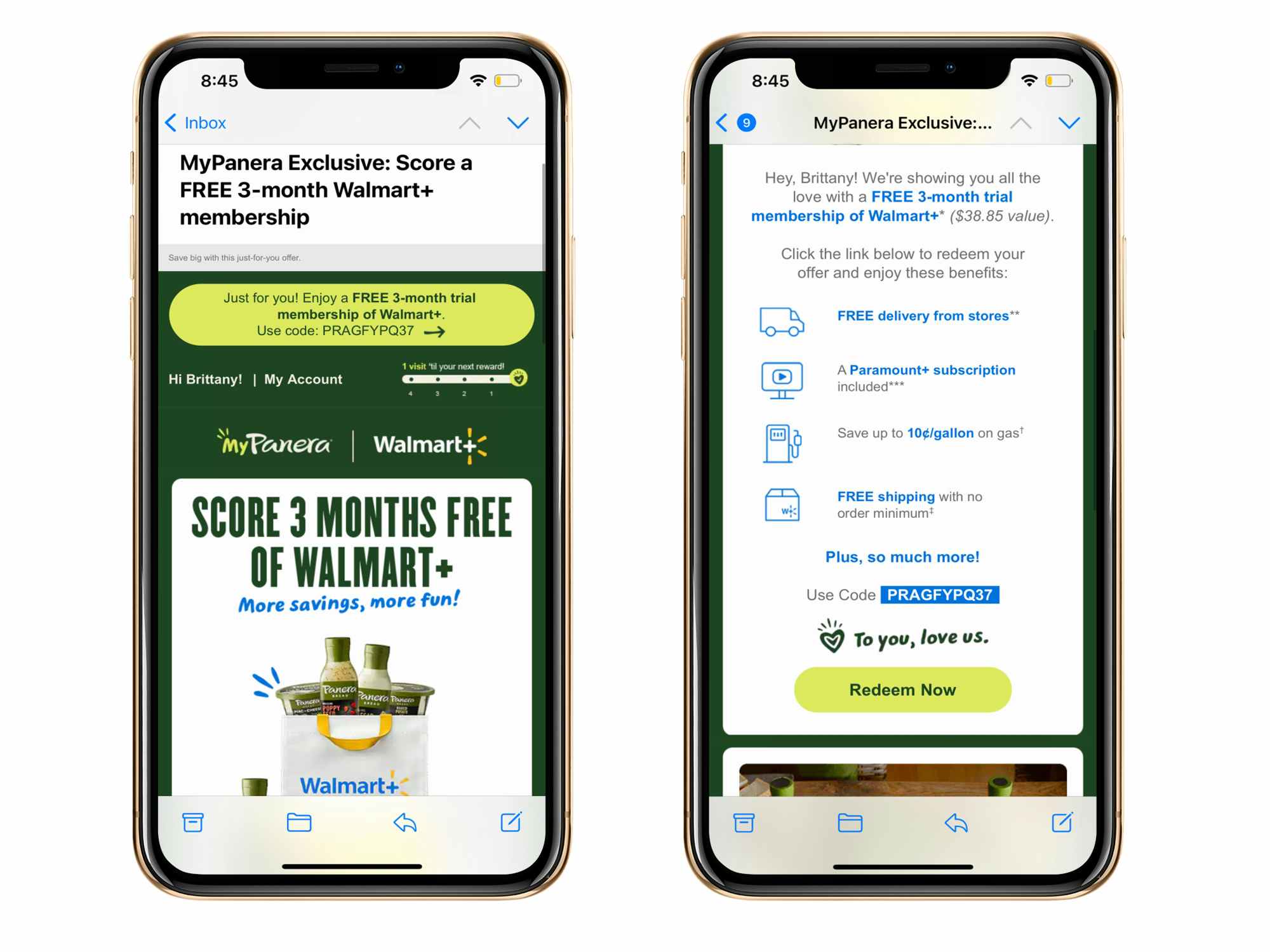 two iphone screenshots side by side with panera rewards for walmart plus members on it