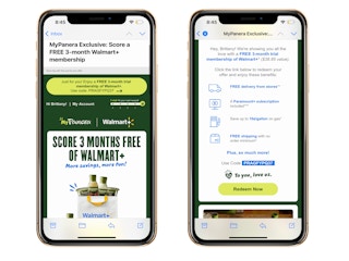 two iphone screenshots side by side with panera rewards for walmart plus members on it