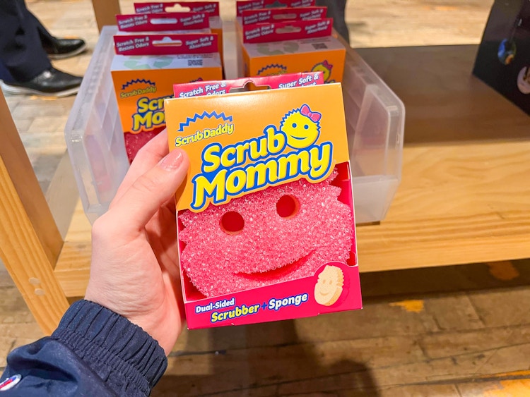 a person holding up a scrub mommy 