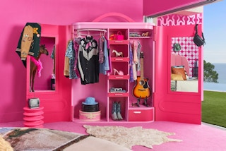 A closet in the Barbie's Malibu Dreamhouse Airbnb listing