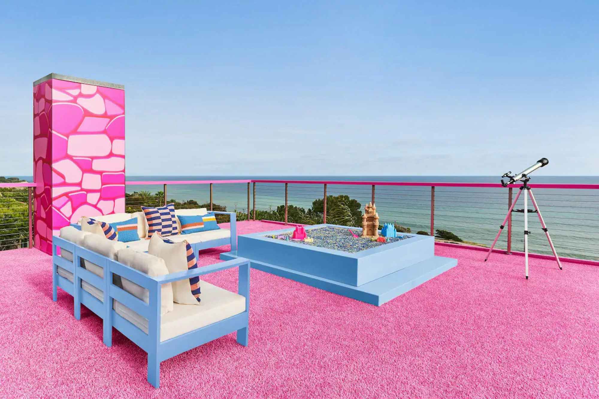 A patio balcony in the Barbie's Malibu Dreamhouse Airbnb listing