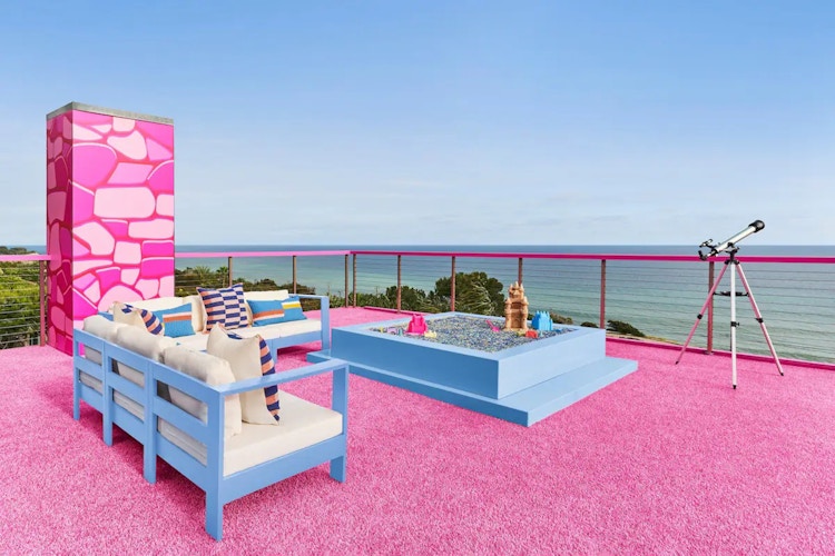 A patio balcony in the Barbie's Malibu Dreamhouse Airbnb listing