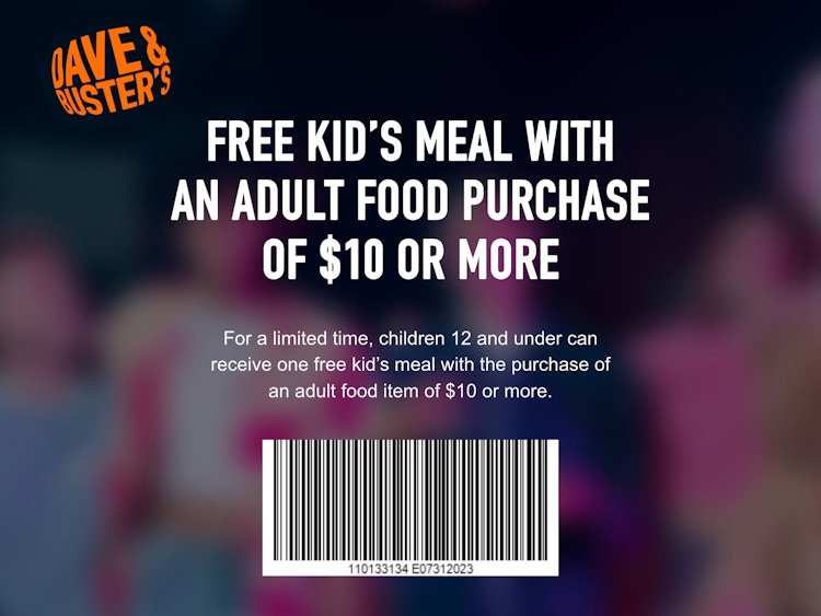 dave and busters screenshot showing a barcode for a free kids meal with a food purchase of $10 or more