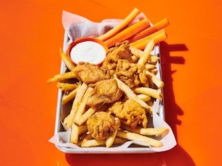 dave and busters kids chicken bites, fries, carrots, and ranch dressing