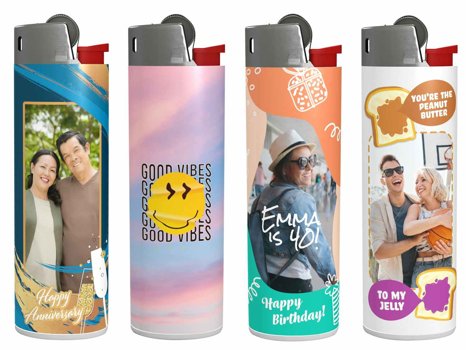 four personalized bic lighters