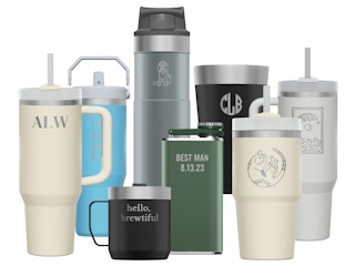 stanley cups in various styles and colors with custom engraving