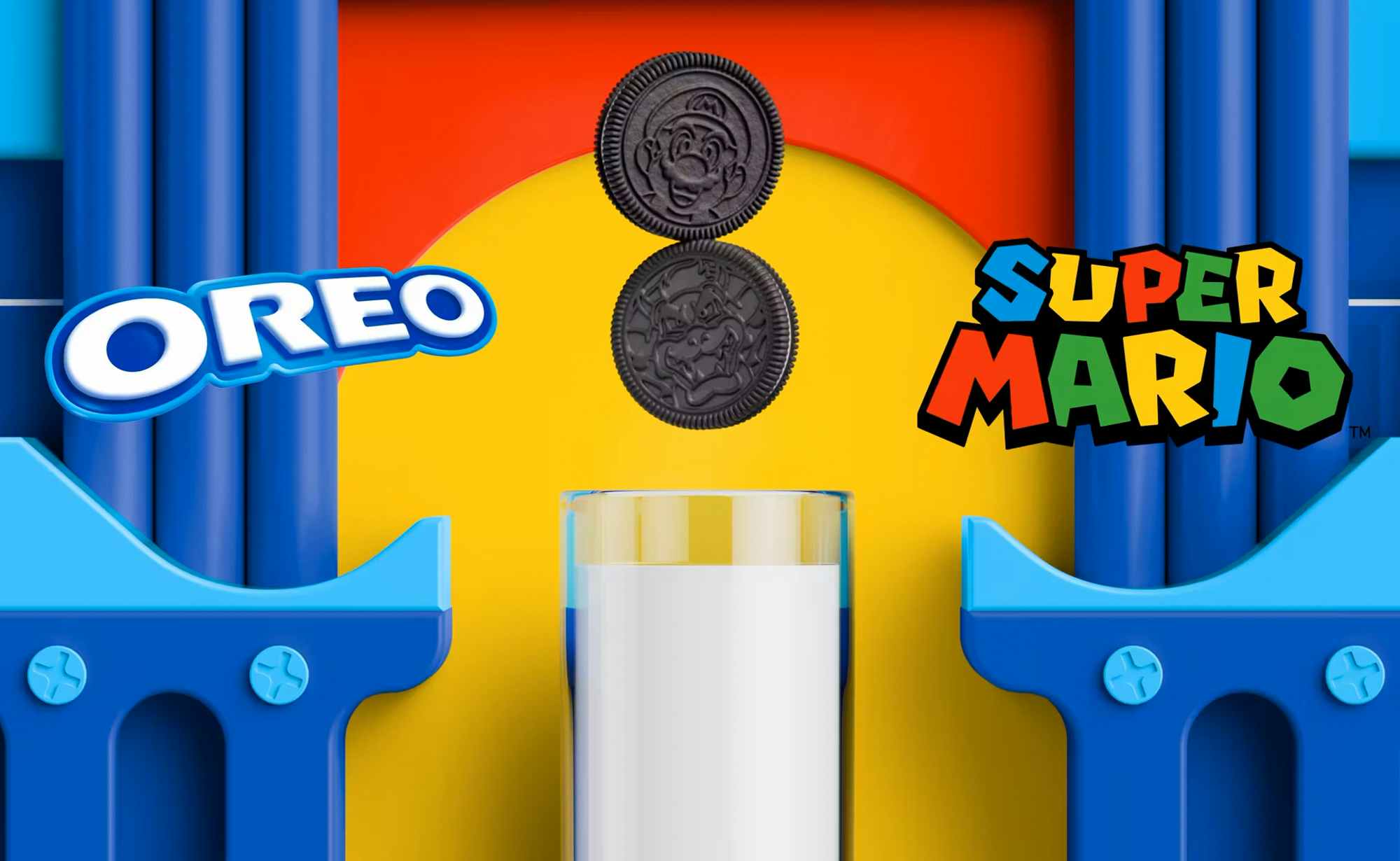 Super Mario Bros Oreo character cookies above a glass of milk with the Oreo and Super Mario logos