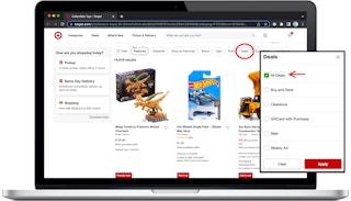 A laptop showing how to filter by Deals on the Target Collector's Spot page