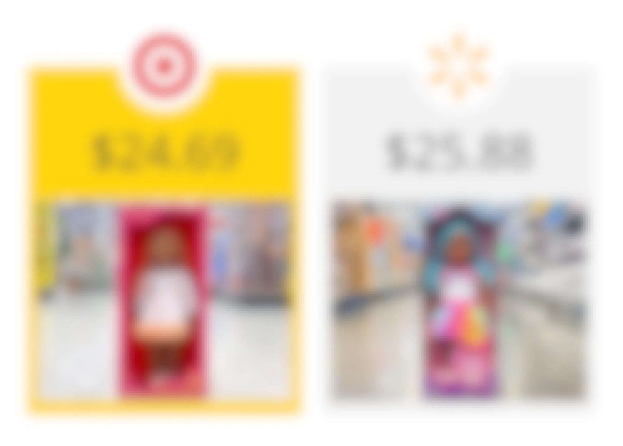target as the winner on a graphic showing price comparison between target's our generation mirabelle and walmart's my life as kora dolls