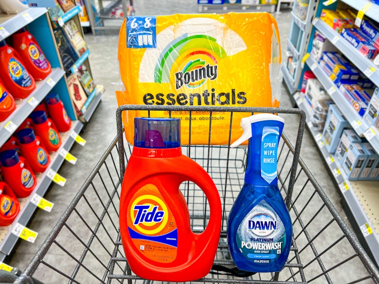 tide detergent, dawn dish soap, and bounty paper towels in walgreens cart