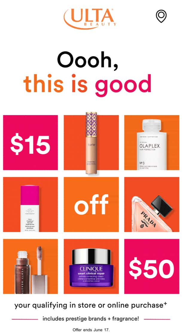 a screenshot of an ulta email giving you $15 off a purchase of $50+