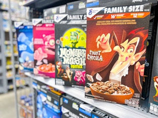 boxes of Boo Berry,Franken Berry, Monster Mash Remix, and Count Chocula monster cereal at Walmart