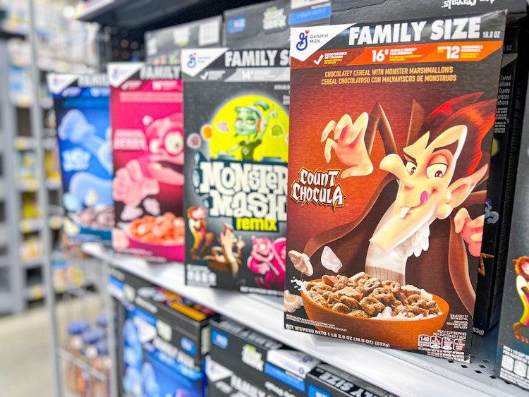 boxes of Boo Berry,Franken Berry, Monster Mash Remix, and Count Chocula monster cereal at Walmart