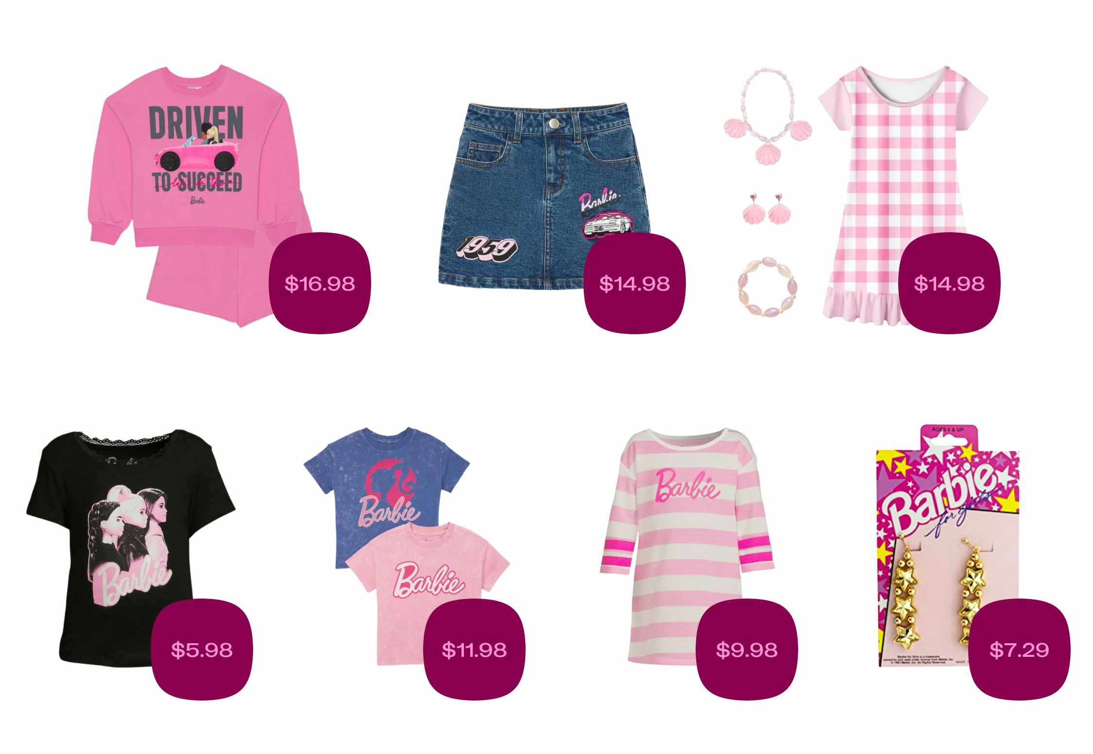 Different clothing items from the online Barbie shop on Walmart.com, including tees, pajamas, skirts, earrings and more themed for Barbie
