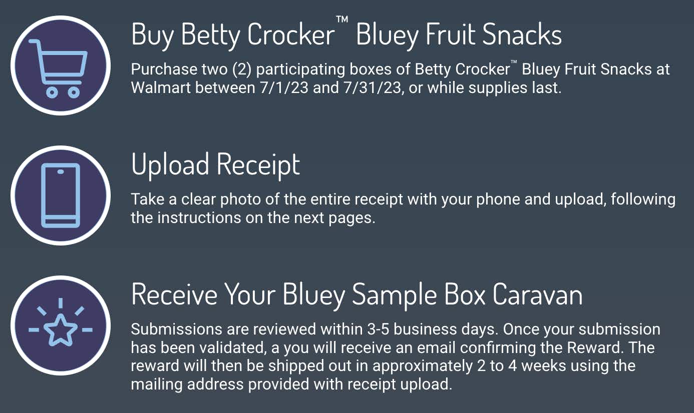 Directions for submitting a receipt for Bluey fruit snscks for a free sample caravan