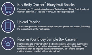 Directions for submitting a receipt for Bluey fruit snscks for a free sample caravan